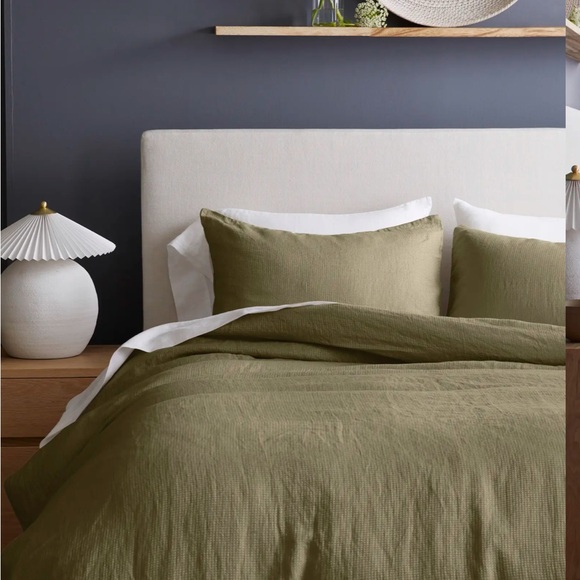 Quince Euro Linen Waffle Duvet Cover Set Queen- Aloe Green washed for softness - Picture 3 of 7